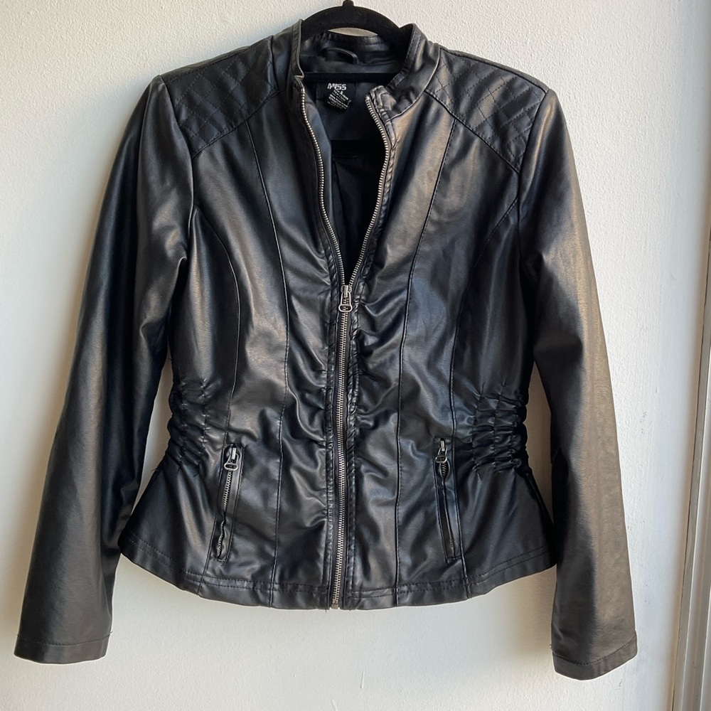 Miss Lili Black Faux Leather Jacket with Ruched Details